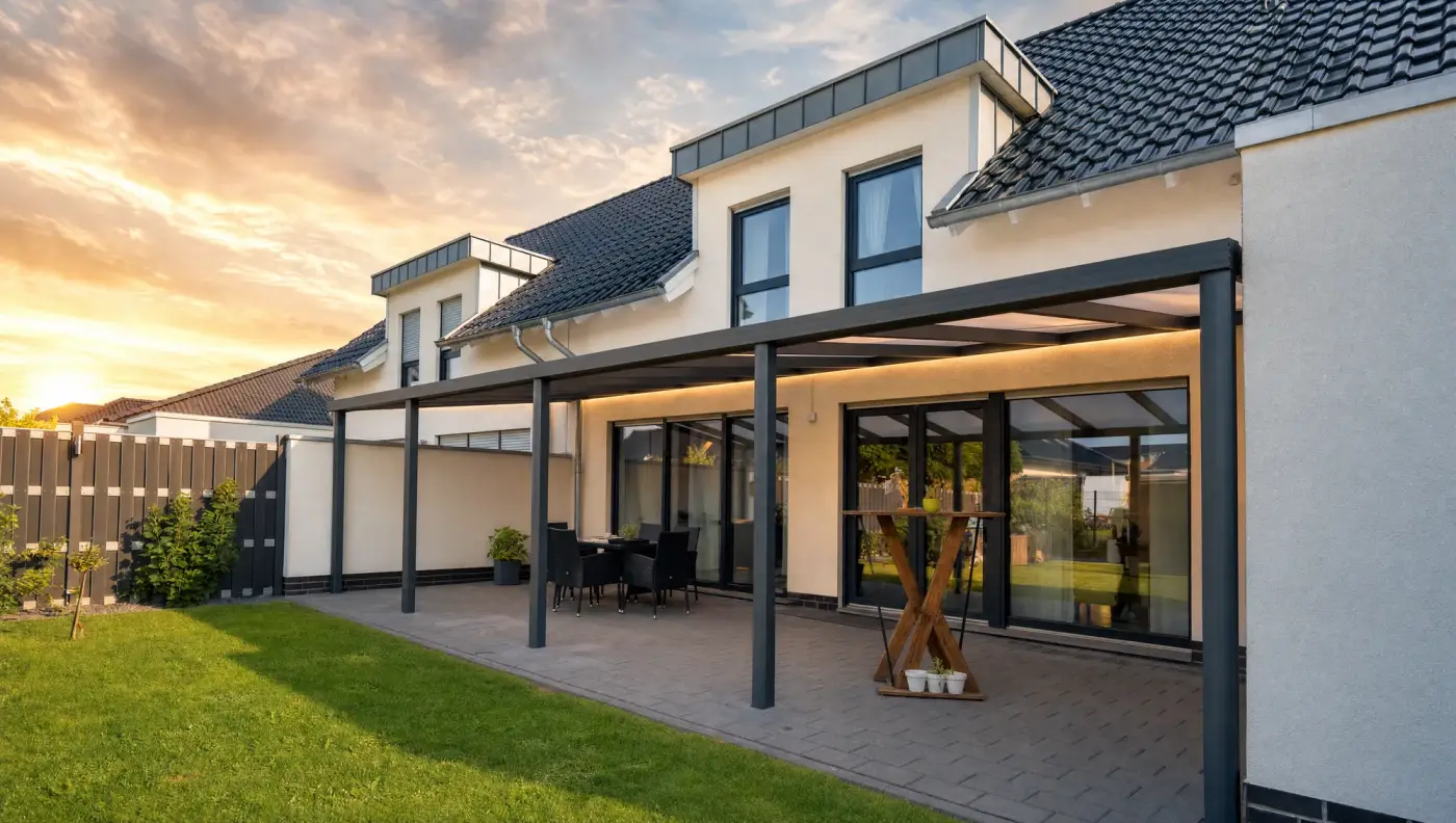 Fertiges Terrassendach mit VSG-Glas und LED-Beleuchtung über der Terrasse eines Wohnhauses im Abendlicht — Musterobjekt